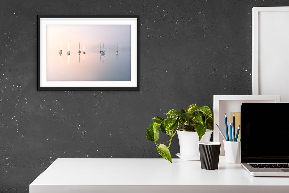 Thumbnail: Photography prints of a row of yachts on a misty Windermere in The Lake District, UK.