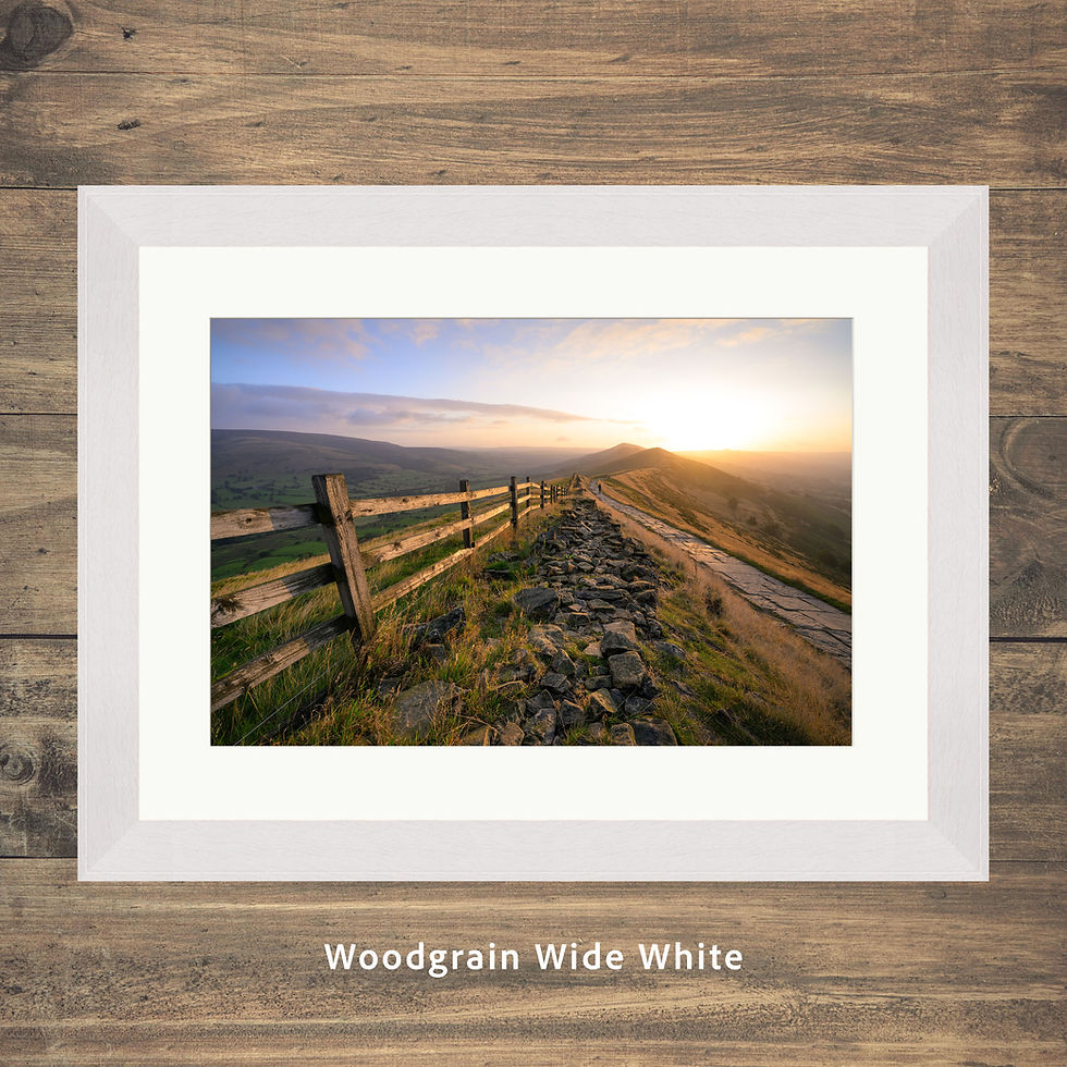 Thumbnail: Framed photography prints of a beautiful golden summer sunrise at Mam Tor in The Peak District, UK.