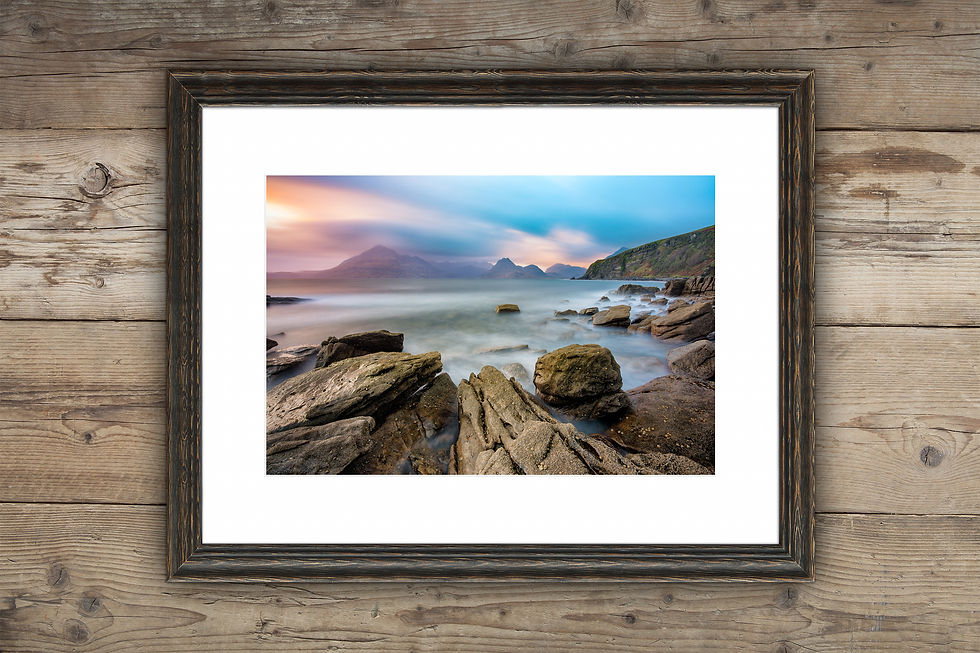 Framed photography prints of The Cuillin mountain range seen from Elgol on The Isle of Skye, Scotland, UK.