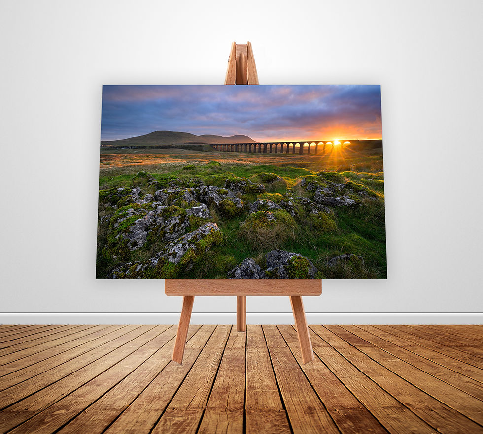 Beautiful canvas photo prints of a dramatic sunset at Ribblehead Viaduct in The Yorkshire Dales National Park, UK.