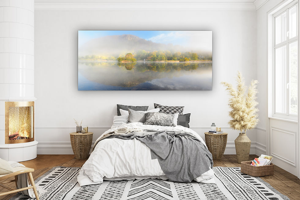Thumbnail: Beautiful panoramic photography canvas prints of an autumn morning at Rydal Water with views to Nab Scar, Lake District, UK.