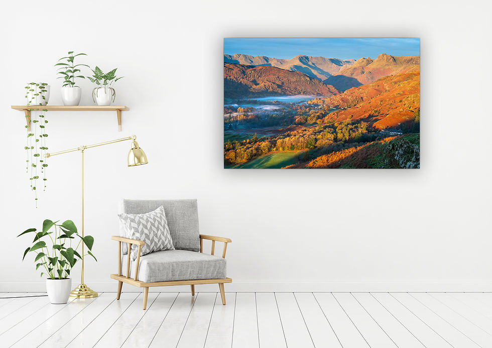 Thumbnail: Beautiful photography canvas prints of an Autumn misty morning looking into The Langdale Valley in The Lake District, UK.