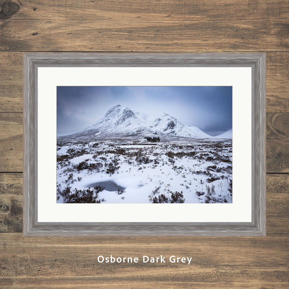 Thumbnail: Framed photography prints of a winter wonderland looking towards the Lagangarbh cottage with Buachaille Etive Mor, Glencoe.