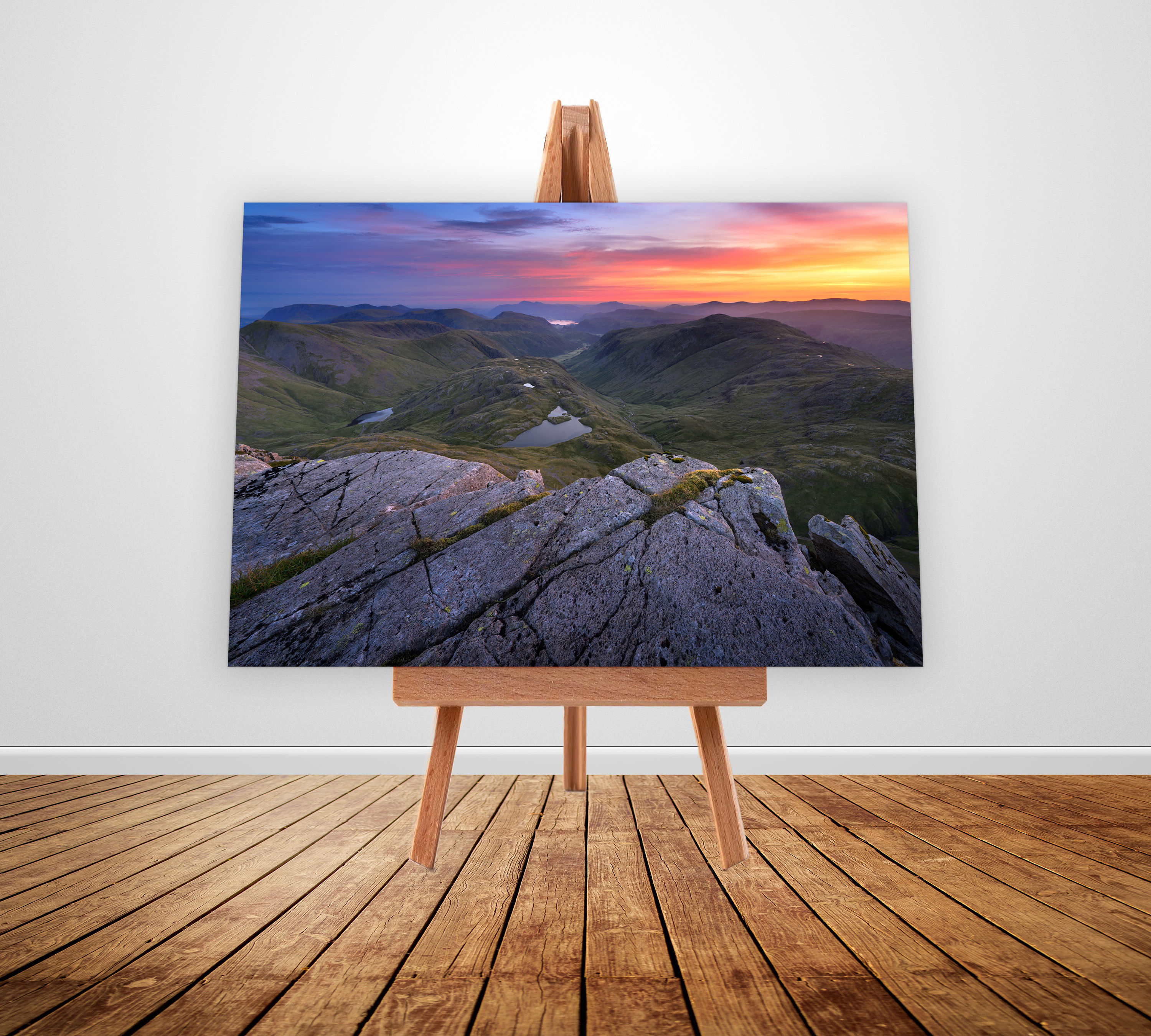 canvas prints of a colourful sunrise seen from popular hiking destination Great End, high up in the Lake District Fells.