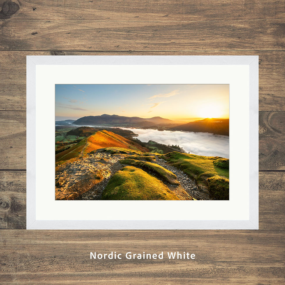 Framed photography prints of a sunrise seen from Catbells overlooking Derwentwater in The Lake District, UK.