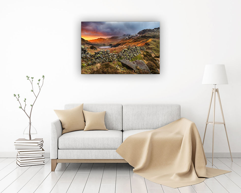 Thumbnail: Photography canvas of a dramatic winter sunrise looking to Blea Tarn in Langdale, seen from Side Pike, Lake District, UK.