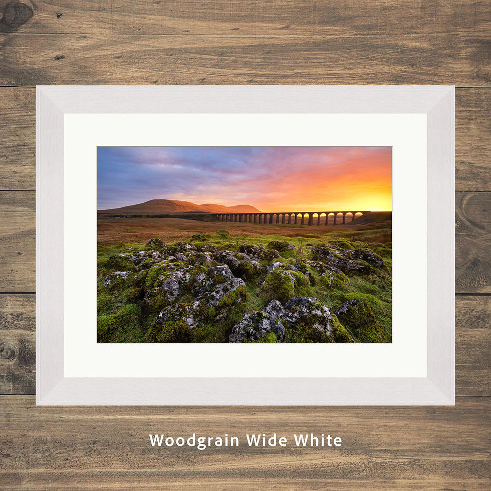 Thumbnail: Framed photography prints of a colourful sunset at the iconic Ribblehead Viaduct in The Yorkshire Dales, UK.