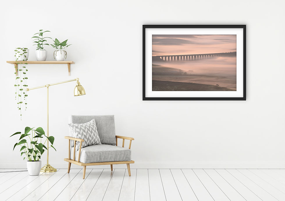 Thumbnail: Photography prints of an aerial misty view looking down to The Ribblehead Viaduct, seen from Whernside in The Yorkshire Dales