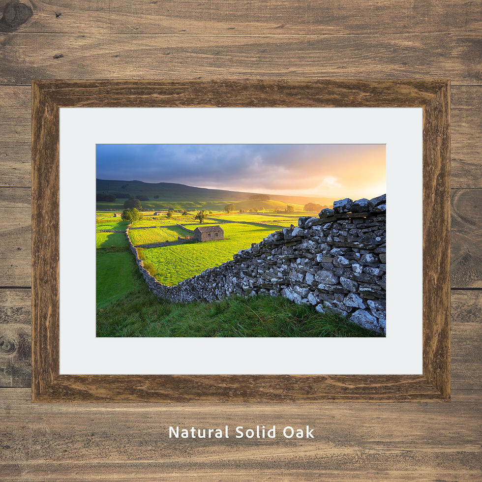Thumbnail: Framed photography prints of a stone barn and drystone wall with beautiful morning light in Wensleydale, Yorkshire Dales, UK.