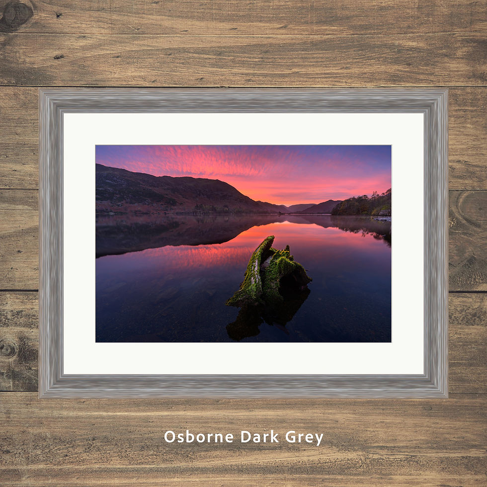 Thumbnail: Framed photography prints of a colourful sunrise over Ullswater in The Lake District, UK.