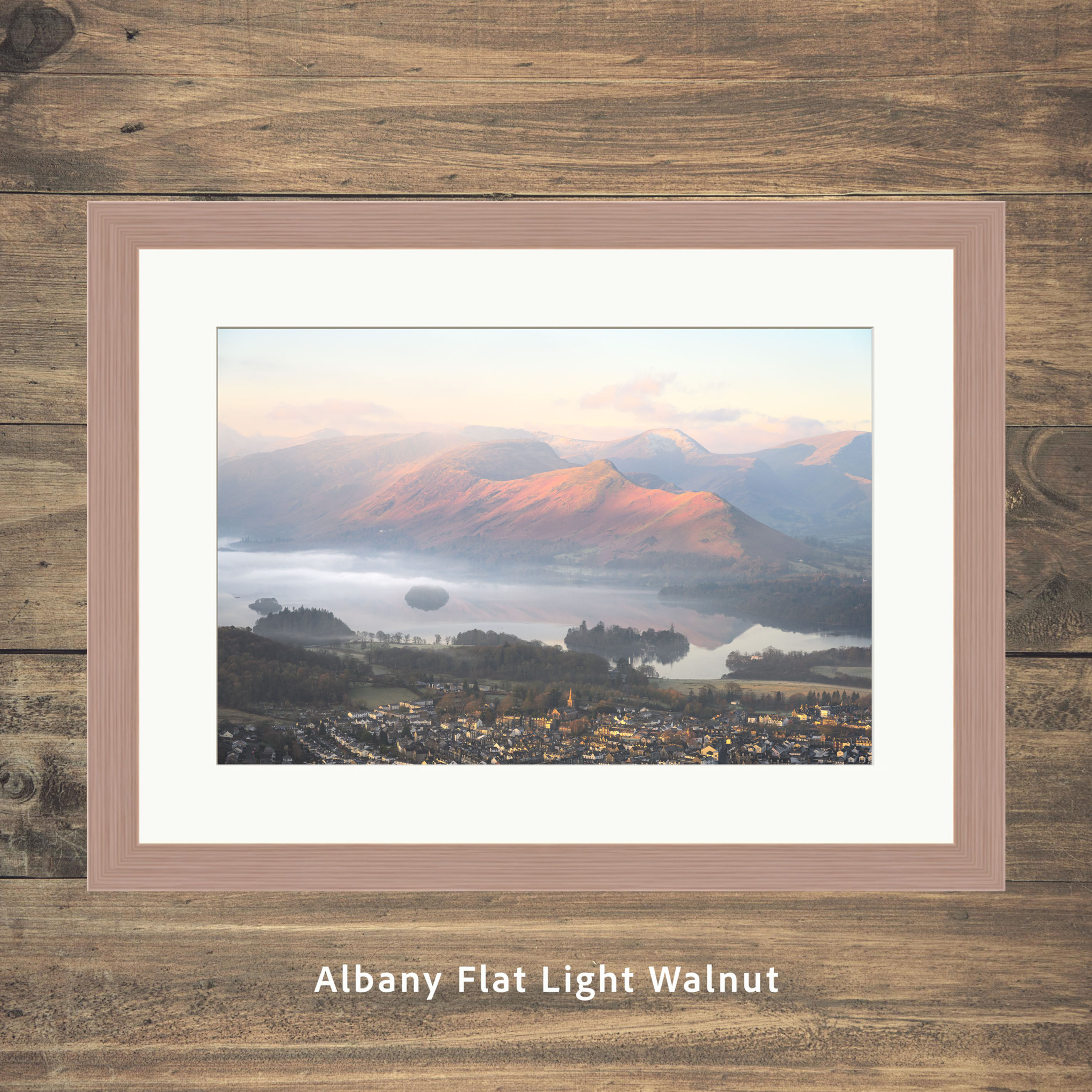 Framed prints of hazy spring morning light on Catbells with views of Keswick and Derwentwater. from Latrigg, Lake District