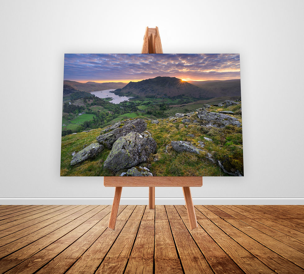 Canvas prints of a beautiful view of Ullswater on a spring sunrise. Seen from Birks with views to Place Fell & Glenridding