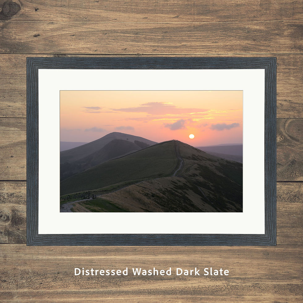 Thumbnail: Photography prints of a hazy sunrise on Mam Tor, with views of The Great Ridge. Peak District, UK.