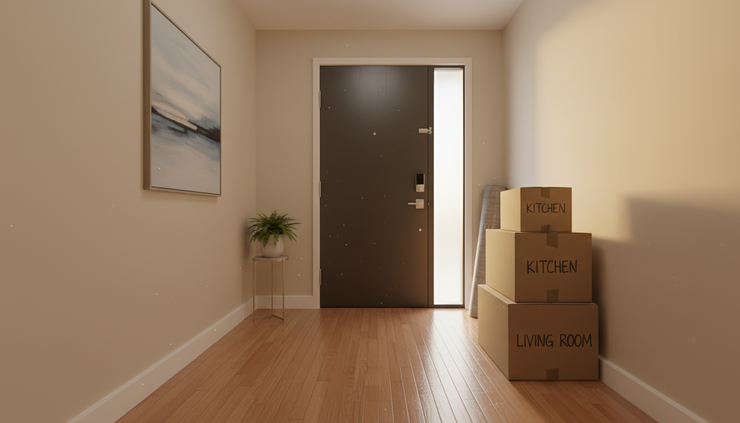Wide-angle view of a quiet hallway with a secure front door and neatly placed moving boxes