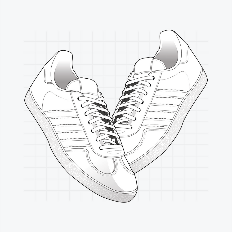 Side view of a 2D vector mockup of an Adidas Gazelle sneaker with suede upper and white leather details