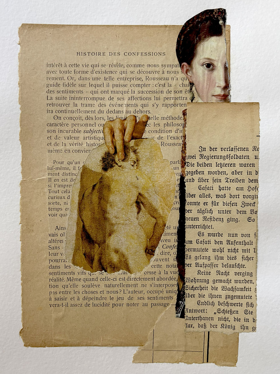 collage analogique, page de livres anciens, portraits classiques, papiers déchirés.