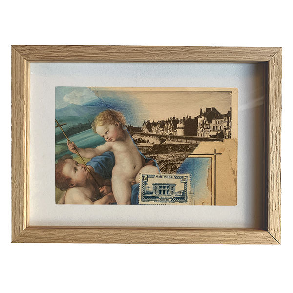 collage artistique-collage sur carte postale-collage sur carte postale encadré.