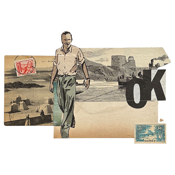collage artistique, carte postale ancienne, bord de mer, gravure, timbre de collection. collage paysage.
