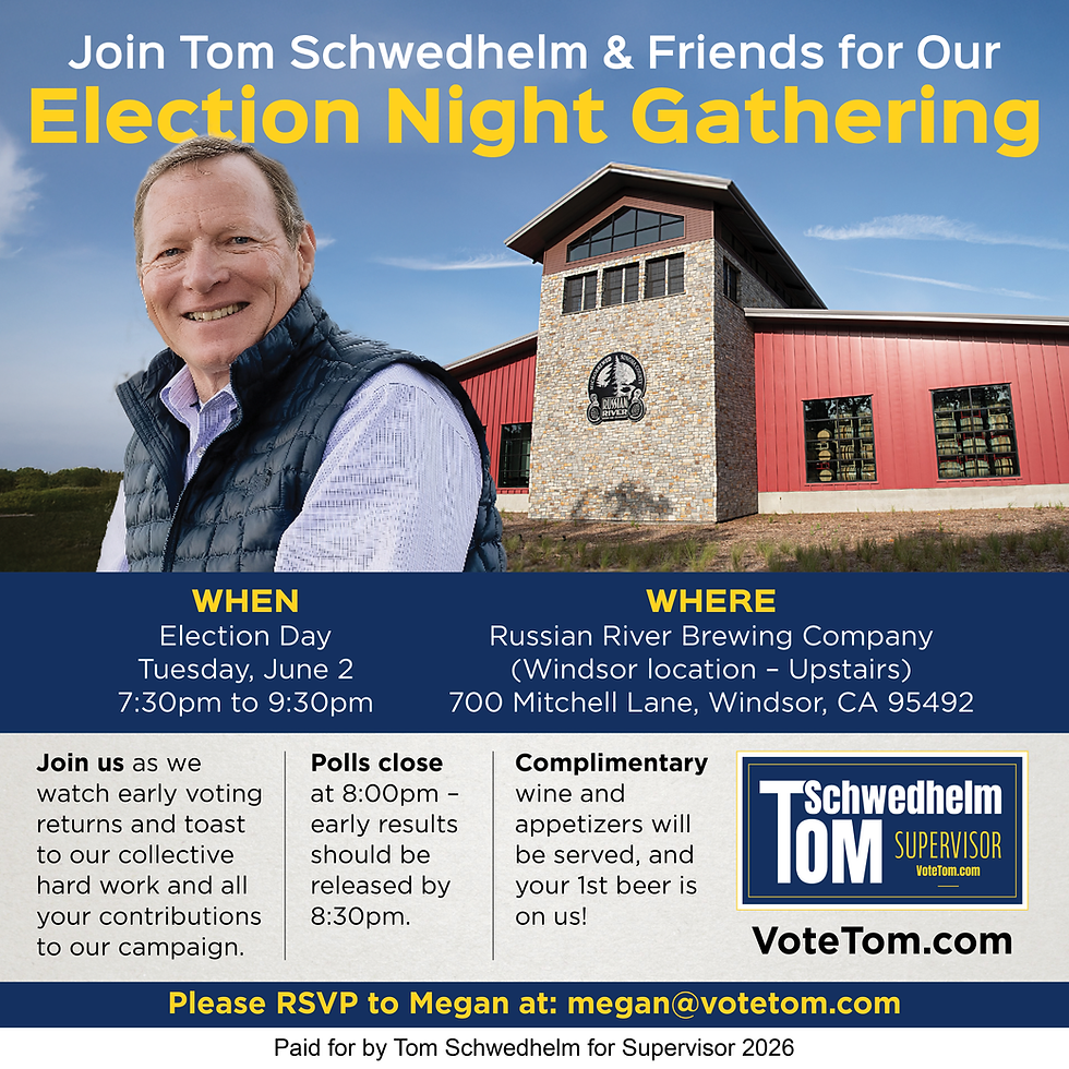 Election Night Invitation for Tom Schwedhelm_June 2, 2026 at Russian River Brewing Company