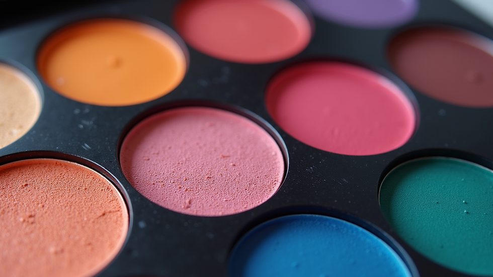 Close-up view of a vibrant eyeshadow palette with various hues