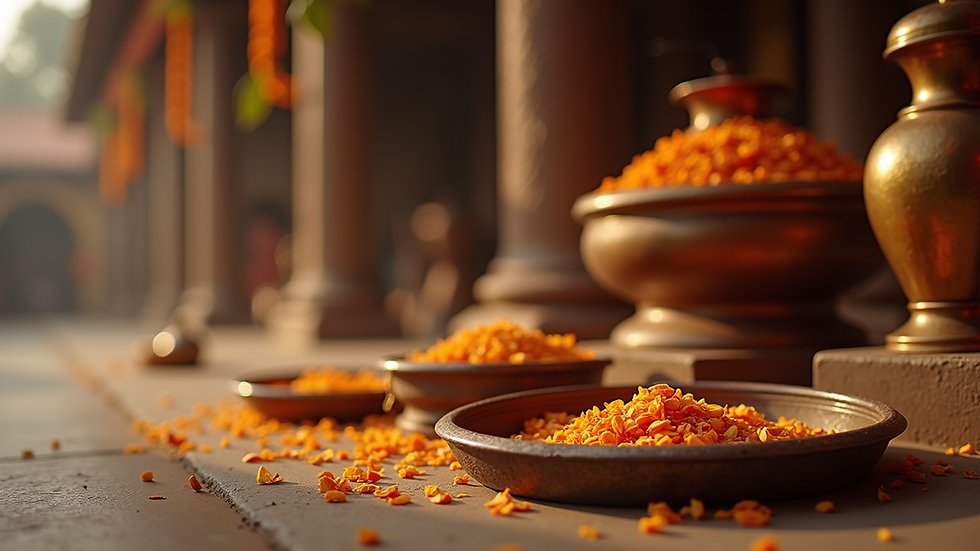 Close-up view of traditional pooja items from a gaushala