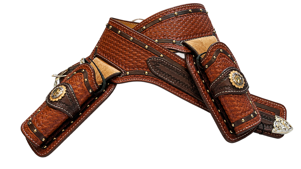 Studio photography of an intricately tooled western leather gun holster belt. The rich brown leather features detailed basket-weave patterns, metallic studs, and decorative stitching against a solid black background.