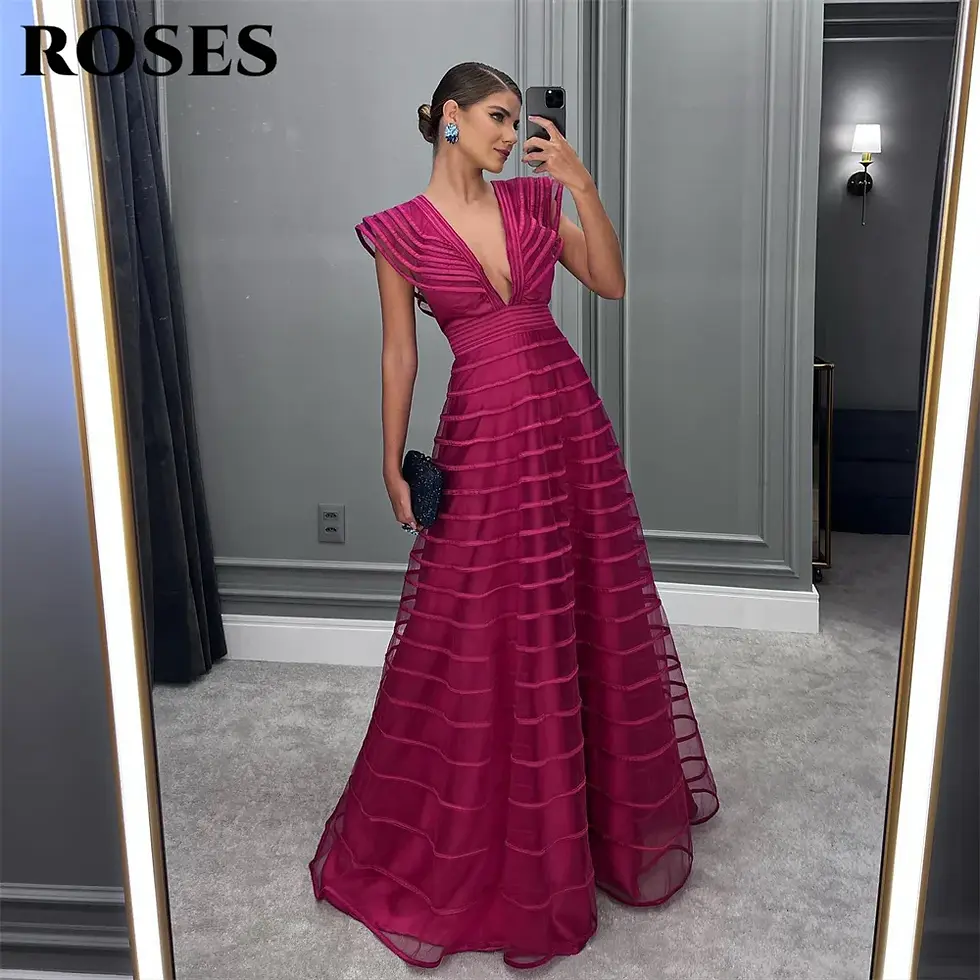 Miniatura: ROSES a Line Fuchsia Formal Dresses Pleat Sleeveless Prom Gown for Woman Deep v