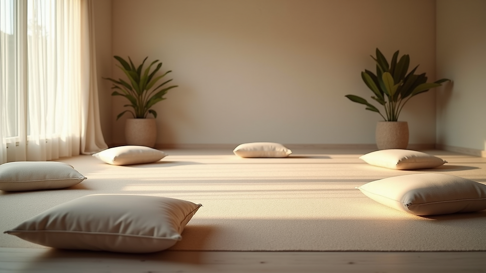 Eye-level view of a serene workshop room with cushions arranged in a circle and soft natural light