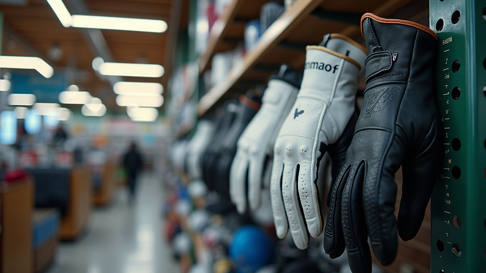 Eye-level view of golf gloves hanging on a rack in a sports store