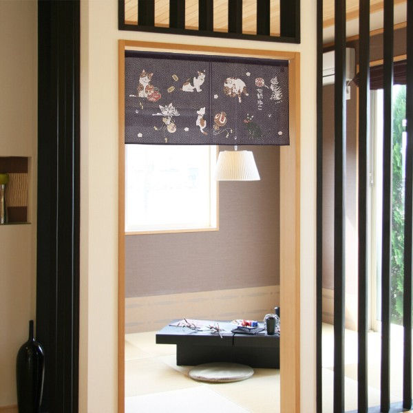 縮圖：日本製 桐生のれん 麻布花門簾 (七福貓) 短身尺寸