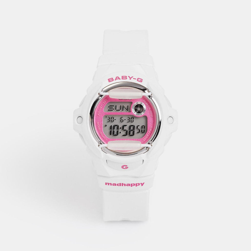 Mad Happy × BABY-G 聯乘腕錶 BG-169MH-7,白色錶殼搭配粉紅閃粉錶面設計展示圖