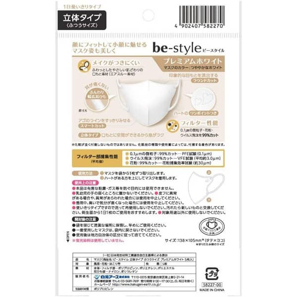 縮圖：(現貨) 白元 Face Fit be-style 小顏立體口罩5個裝 Premium White