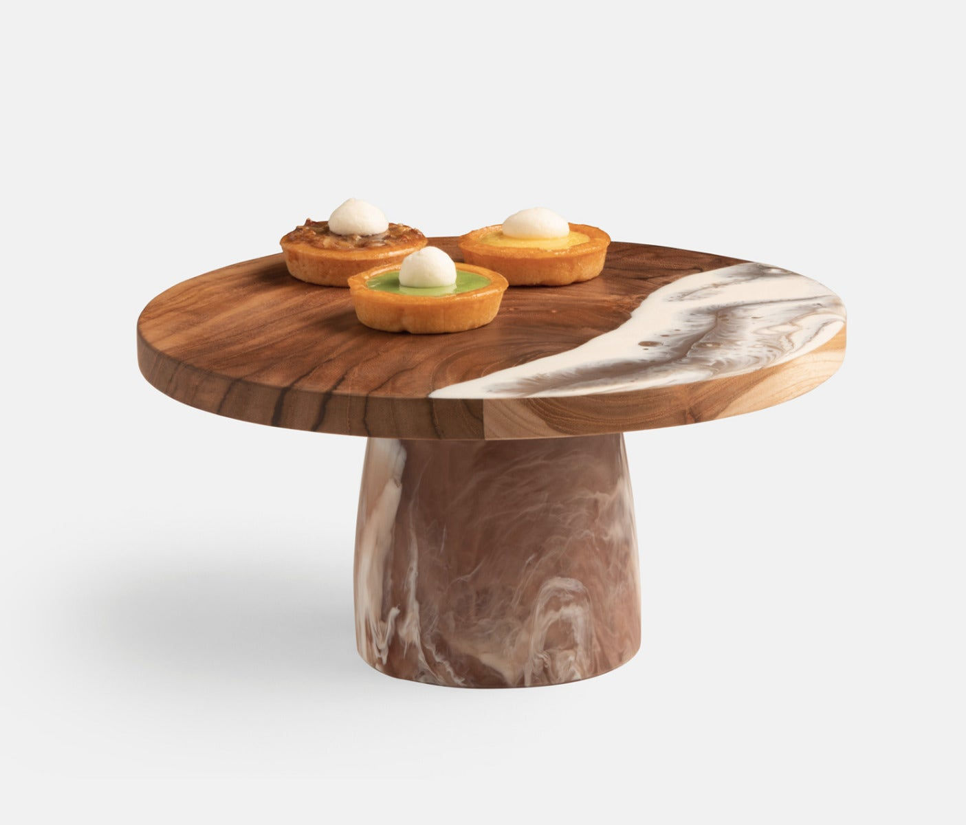 Brown Swirled Resin/Natural Teak Cake Stand, Small