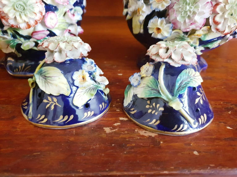 Thumbnail: Coalport 19th Century Encrusted Coalbrookdale Blue Vases