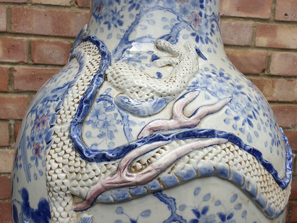 Thumbnail: Meji Period Pair of 3 Claw Dragon Japaneses Blue and White Vases