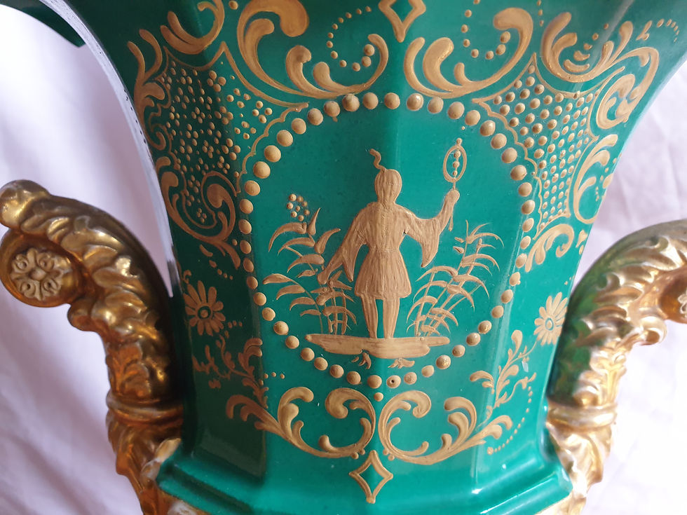 Thumbnail: Jacob Petit Hand Painted Urn Vases With Gilding detailing and Jewelling