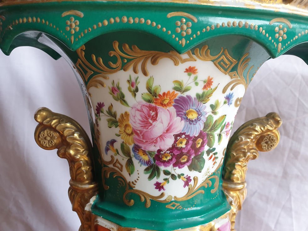 Thumbnail: Jacob Petit Hand Painted Urn Vases With Gilding detailing and Jewelling