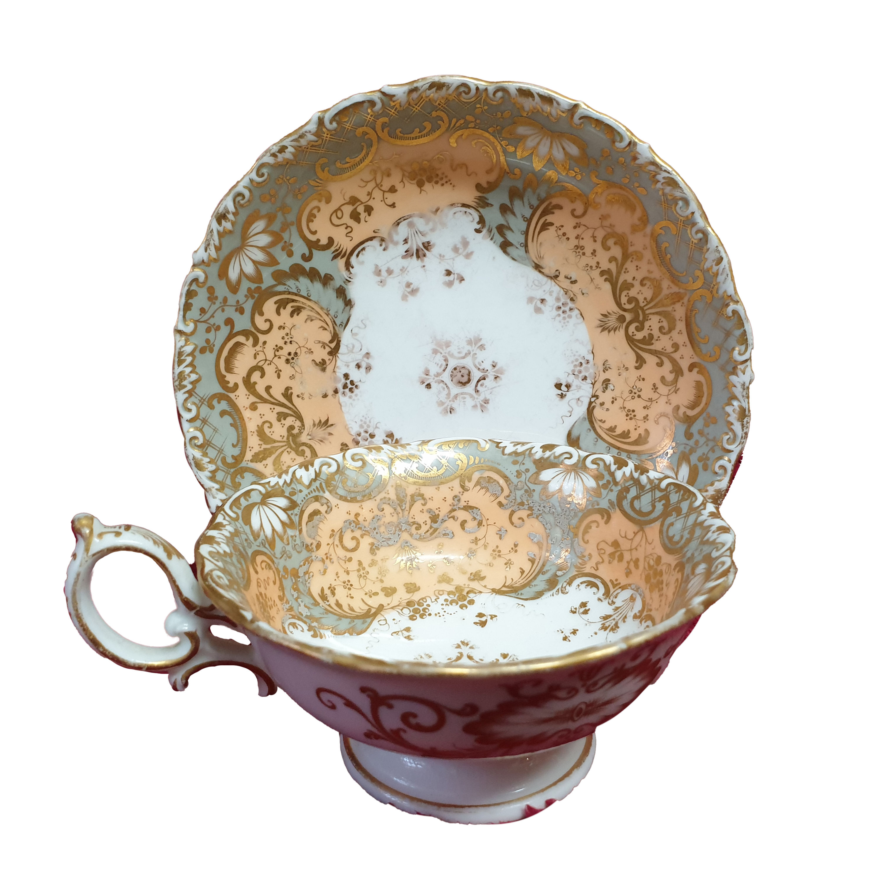 Grey and Salmon Handpainted H&R Daniel Cup and Saucer