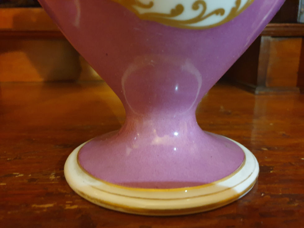 Thumbnail: Staffordshire Pair Of Golden Ram Handled Pink vases