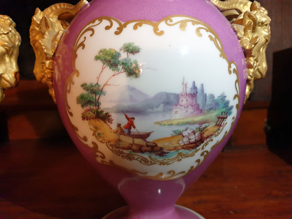 Thumbnail: Staffordshire Pair Of Golden Ram Handled Pink vases
