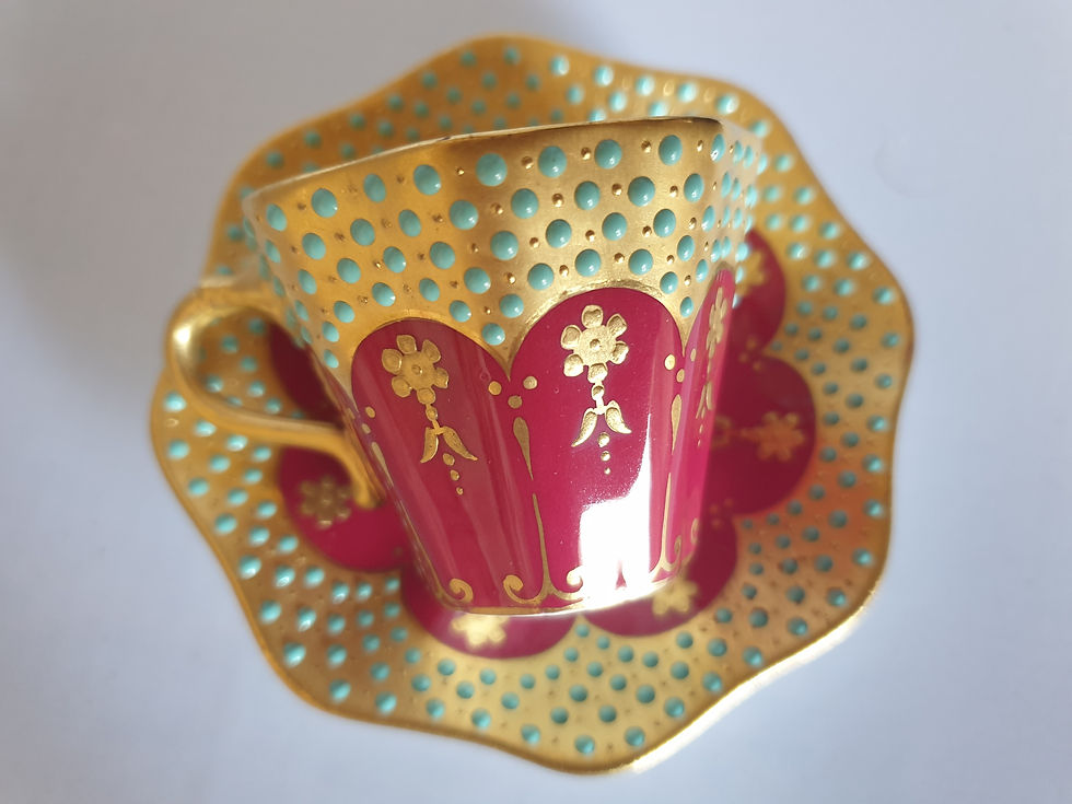Thumbnail: Coalport Royal Burgundy Exhibition Octagonal Shaped Jewel Demitasse Cup & Saucer