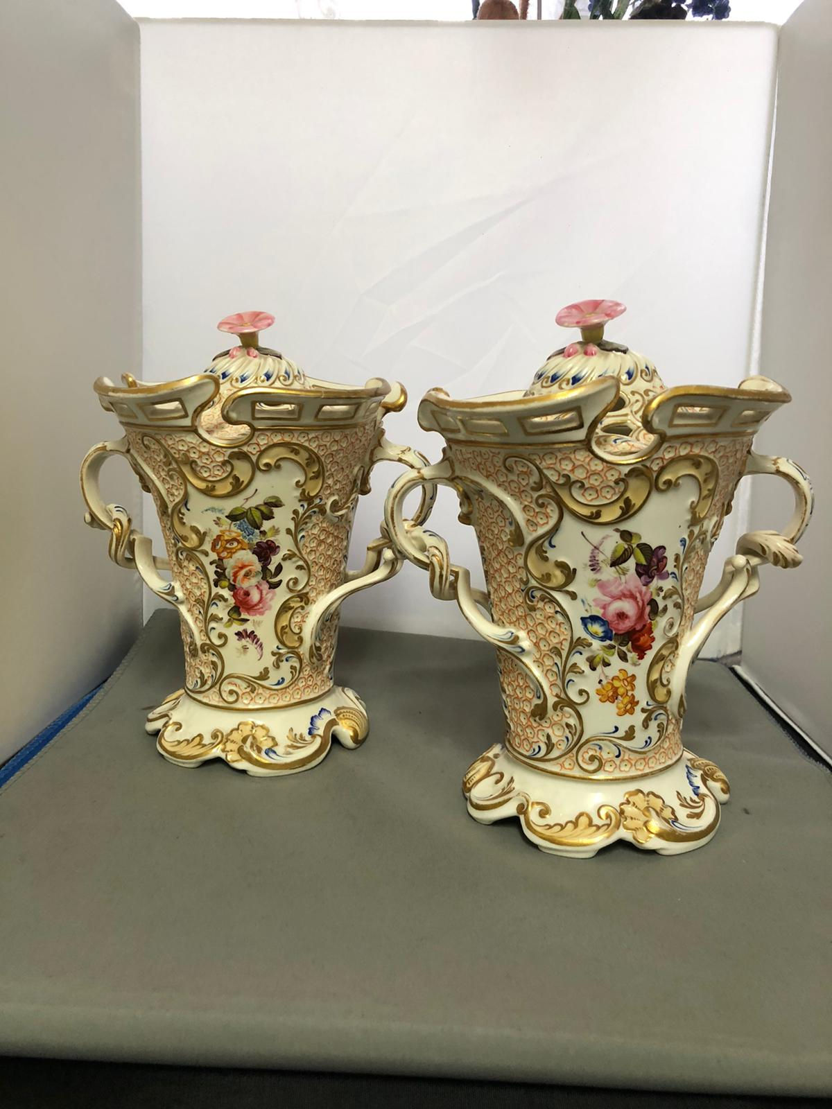 RARE PAIR OF MAYFLOWER PEACH RETICULATED VASES