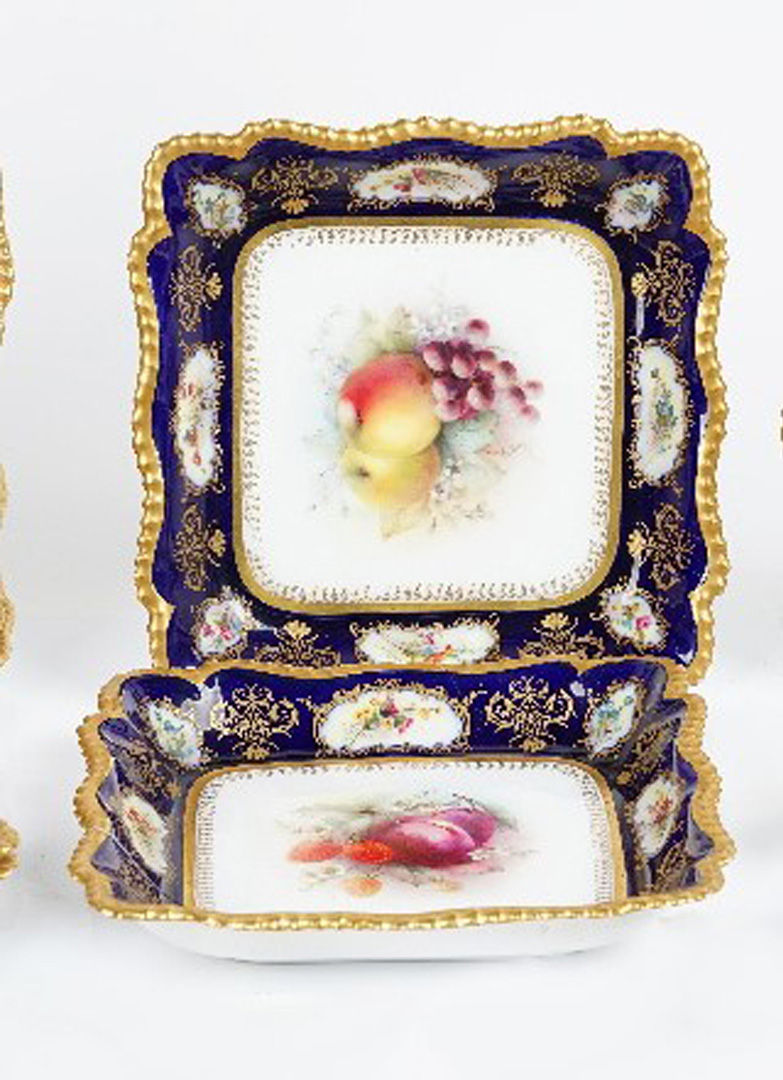 Thumbnail: A G.H Cole Signed Blue Royal Worcester Fruit Dessert Service