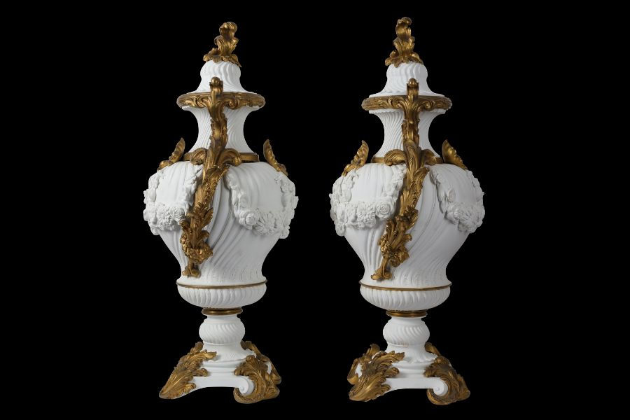Thumbnail: French Sèvres Style Large Pair 19th Century Gilt Mounted Bisque Vases