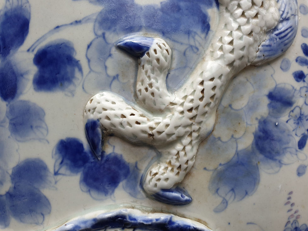 Thumbnail: Meji Period Pair of 3 Claw Dragon Japaneses Blue and White Vases