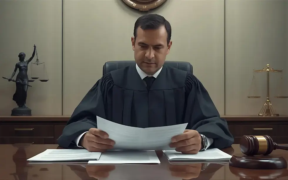 Juiz analisando documentos de guarda e residência da criança.