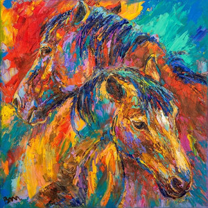 An impressionistic oil painting of two horses titled "A Lasting Bond Barbara Meilke Fine Art