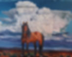 An oil painting of a wild stallion in front of a large thundercloud by award-winning wildlife and wild horse painter Melody DeBenedicitis.