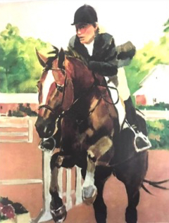 A watercolor painting of an equestrian on a hunter jumper horse competing at a horse show by artist Laura A. Mehmert as featured in the Winter 2023 issue of EquuStyle Art & Travel Magazine. equustyle.com