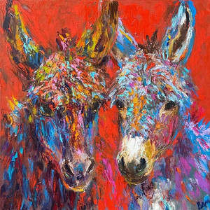 "Cameo Appearance" is an impressionistic oil painting of two donkeys by Barbara Meilke Fine Art